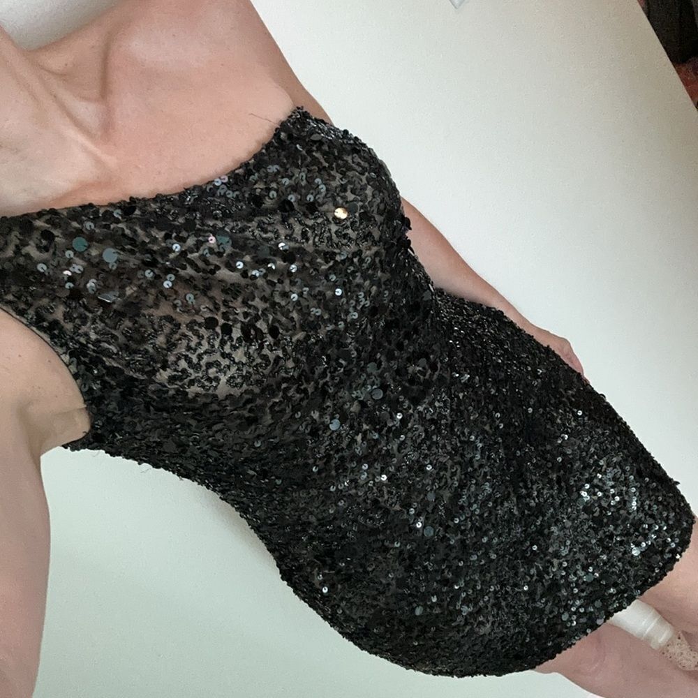 SCALA one shoulder black silk sequin mini cocktail dress side zip 6